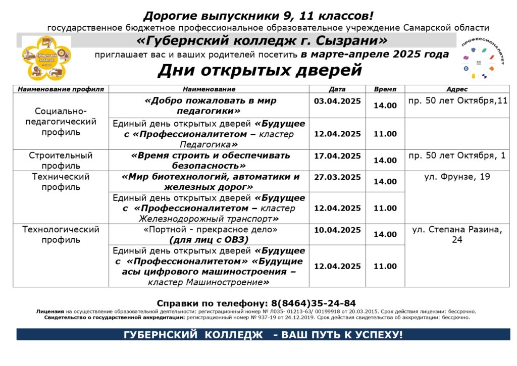 Расписание Дни открытых дверей в Губернском колледже